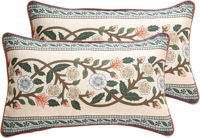 Vintage Linen Throw Pillow Cover,Set of 2,20"x12"-Naples C | Designer French Elegant Pillow Cover,Concealed Zipper Design,Floral Pattern,Sofa,Bedroom,Living Room,Lounge Chairs