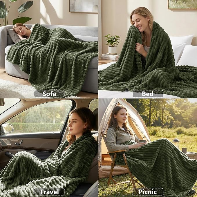 HIMEET Olive Green Throw Blanket for Couch, 300GSM Ribbed, 50 x 60 Inches | Ultra Soft Flannel, All-Season Lightweight Warmth, Home Room Decor & Dorm Essential, Gift for Men & Women, Machine Washable