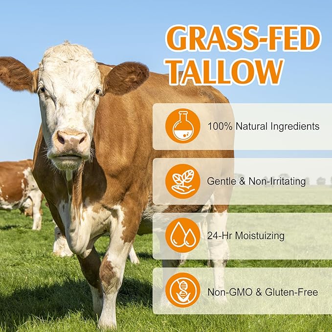 Beef Tallow for Skin, Natural Tallow and Honey Balm, Organic Grass Fed Whipped Beef Tallow for Face Moisturizer, Deeply Moisturizing Body Butter for Dry & Sensitive Skin, All Skin Types 4.2 Oz