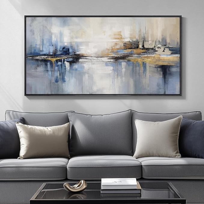 Extra Large Framed Blue Abstract Wall Art for Living Room, Horizontal 30x60 | Modern artwork for walls, Canvas prints, Wood frame, Minimalist Paintings, Pictures wall decor for bedroom dining room office