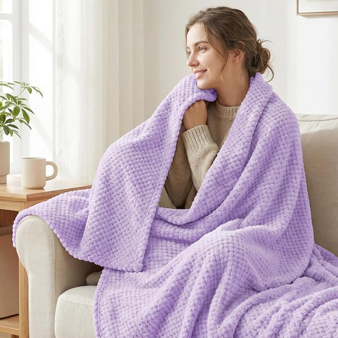 Exclusivo Mezcla Large Waffle Fleece Throw Blanket for Couch, Light Purple | Lightweight Soft Blanket for Sofa, Bed, Living Room, Plush Fluffy Throw for Home Decor, Travel, All Season, 50x70 Inches