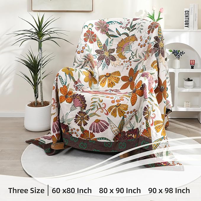 VANJOROY Boho Throw Blanket for Bed, 100% Cotton Muslin Soft Twin Throw-Floral Farmhouse Rustic Decor Blanket for Couch Sofa Quilt and Gift, 60" x 80"-BeigeWhite