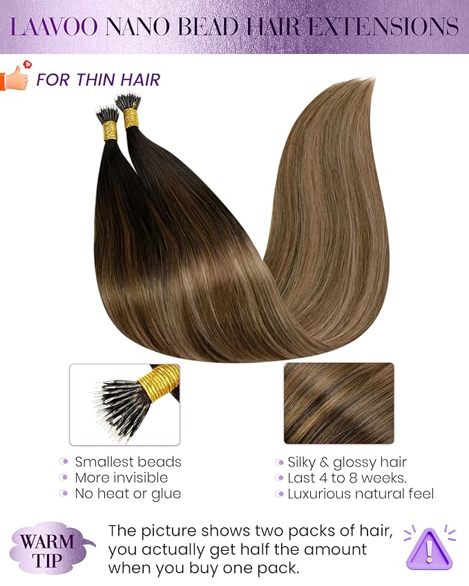 LaaVoo Nano Hair Extensions Human Hair Balayage Nano Bead Hair Extension Human Hair Darkest Brown to Medium Brown and Ash Brown Nano Ring Extensions Real Human Hair 50s 50g 22 Inch
