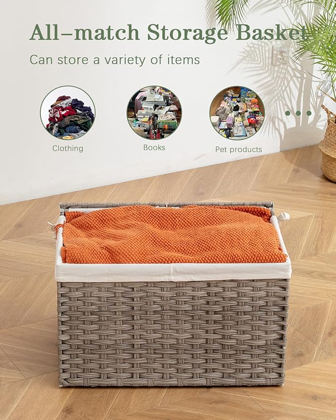 SETVSON Storage Basket with Lid, PE Rattan Woven Storage Bin, Gray | Dual Lid Blanket & Clothes Organizer, Divided Storage Bin, 2 Washable Liner Bags, Collapsible PE Rattan Trunk