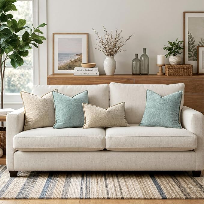 MIULEE Decorative Couch Throw Pillow Covers 20x20 Inch Coastal Light Blue | 2 Pack, Farmhouse Pillow Covers with Stitched Edge, Soft Chenille Cushion Cases, for Sofa Bed Living Room Home Decor