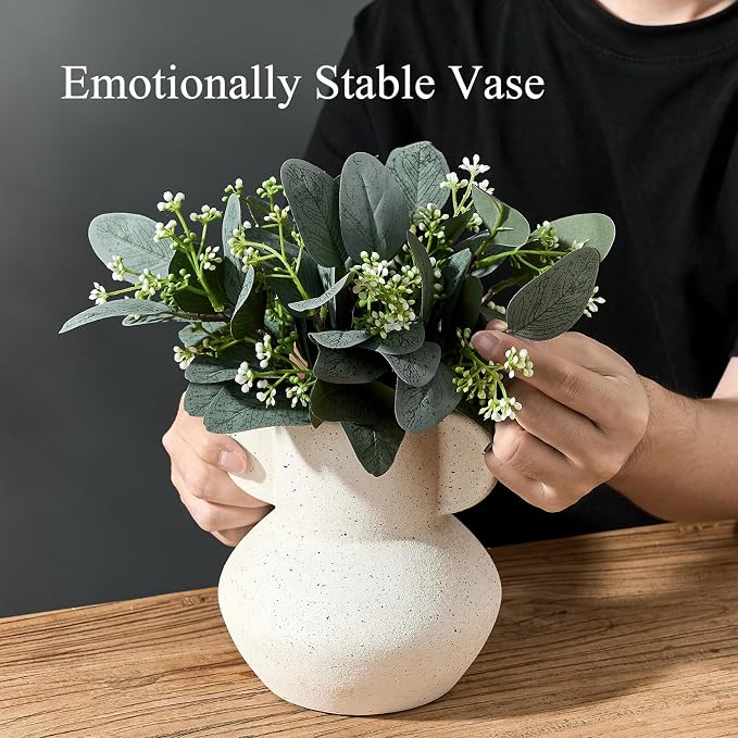 Emotionally Grounded Vase, Vaseking Ceramic Rustic Vase with 2 Handles, 6.1 inch Minimalist Decorative Farmhouse Vases for Home Decor, Living Room, Enterway, Table Decoration, Speckled White