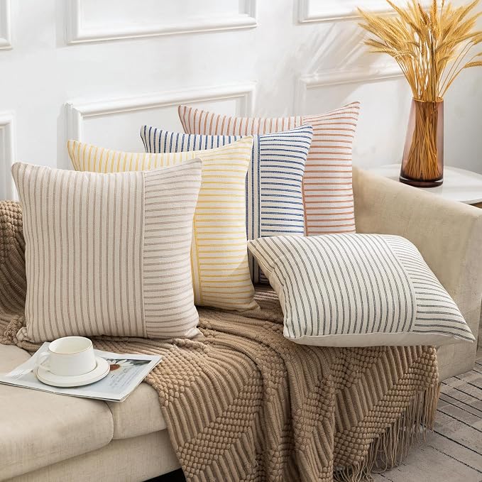 YCOLL Fall Pillow Covers 18x18, Modern Accent Throw Pillow Covers Set of 2, Burnt Orange Striped Patchwork Linen Decorative Pillows Cushion Covers for Couch Chair Bedroom Home Decor