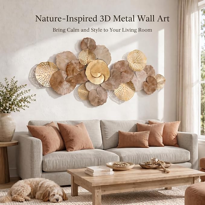 Axioglo 51" Large Wall Decor 3D Lotus Leaf Metal Wall Art for Living Room | 51" x 25" metal wall decor with layered metal texture, mounting hardware, two-way display