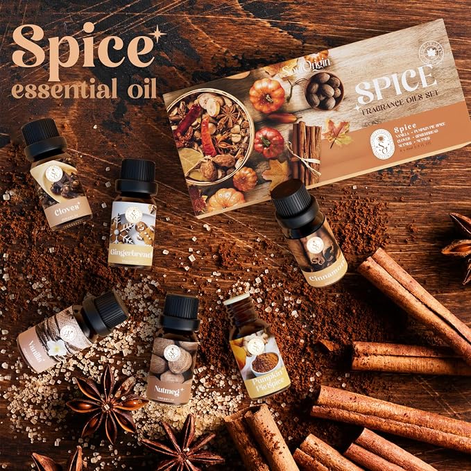 Soulorigin Autumn Spice Essential Oils Set – Cozy Fall Fragrance Oils for Diffuser & Candle Making – Cinnamon, Vanilla, Pumpkin Pie, Nutmeg, Clove, Gingerbread – Warm Home Aroma & Gift Set