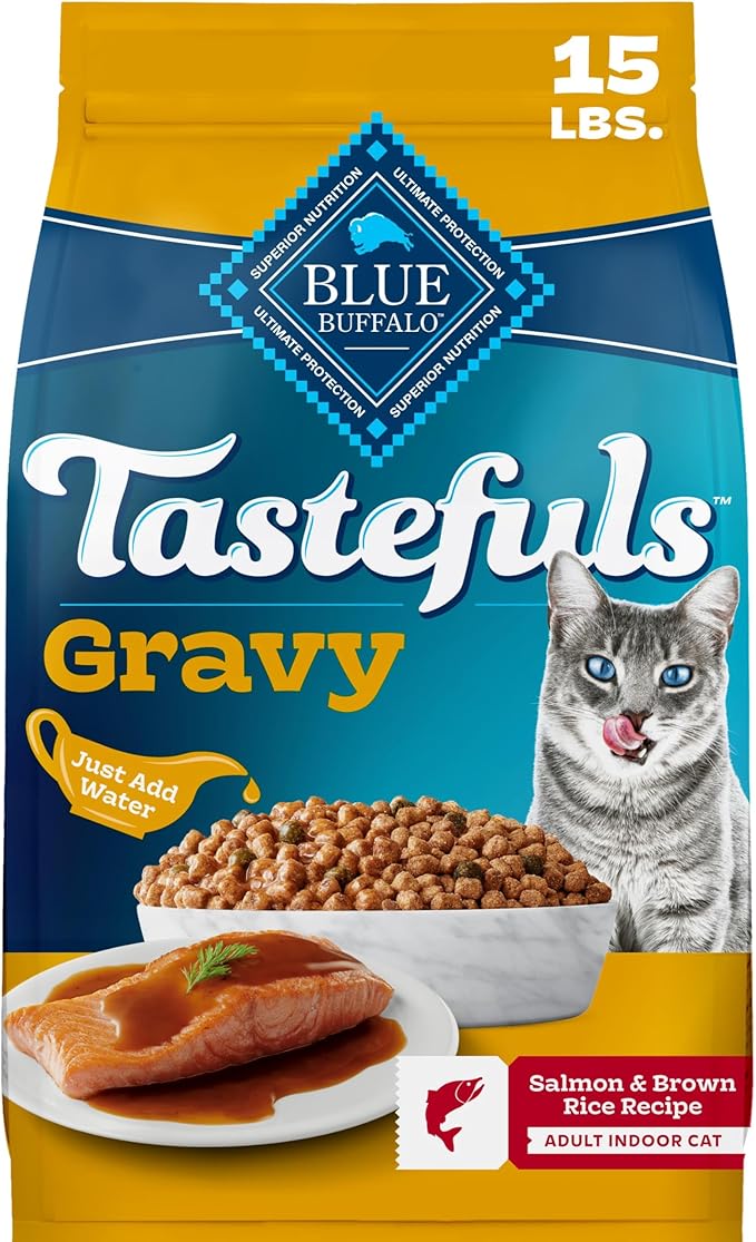 Blue Buffalo Tastefuls Irresistible Gravy Experience Salmon Cat Food, 15 lb | Salmon & Brown Rice Recipe, Supports Digestion & Coat Health, Add Warm Water for Real Gravy, Indoor Adult Cat Formula