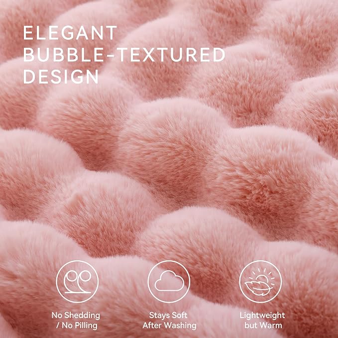 Faux Rabbit Fur Throw for Couch - Blush Pink Bubble Blanket 50"x60" | Fluffy Plush Fuzzy Throw for Sofa & Bed, Super Soft Cozy Comfrt Blanket, Luxury Aesthetic Pink Decor Gift for Women