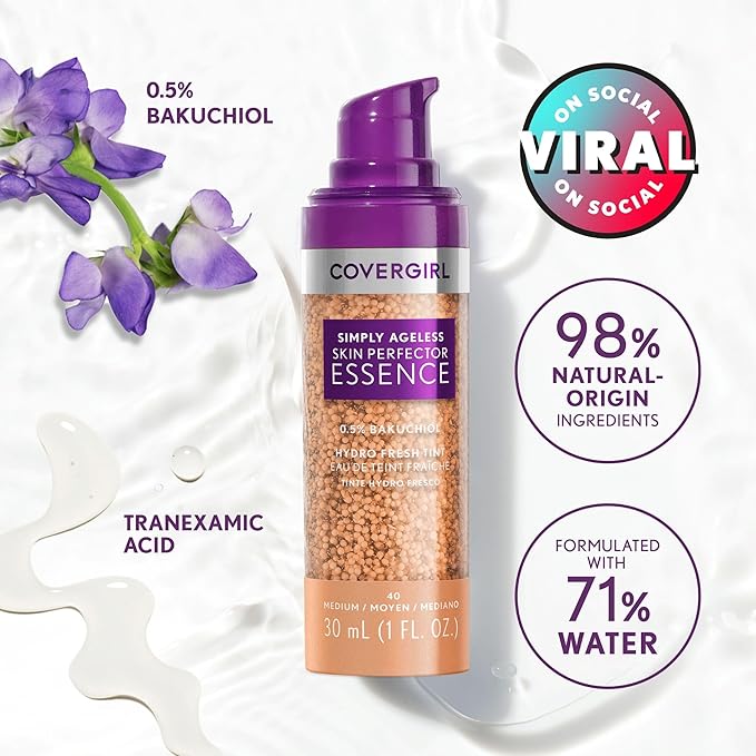Covergirl Simply Ageless Skin Perfector Essence Foundation 30 Light-Medium, Blending Foundation Brush, Skincare Makeup Hybrid with Bakuchiol