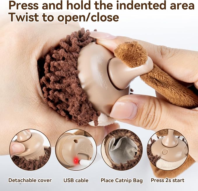 Migipaws Interactive Hedgehog Cat Toy 360° Rolling & Spin with Soft Plush Tail for Indoor Cats Smart Motion Sensor, Realistic Squeak, Rechargeable Plush Kitten Toy (Brown)