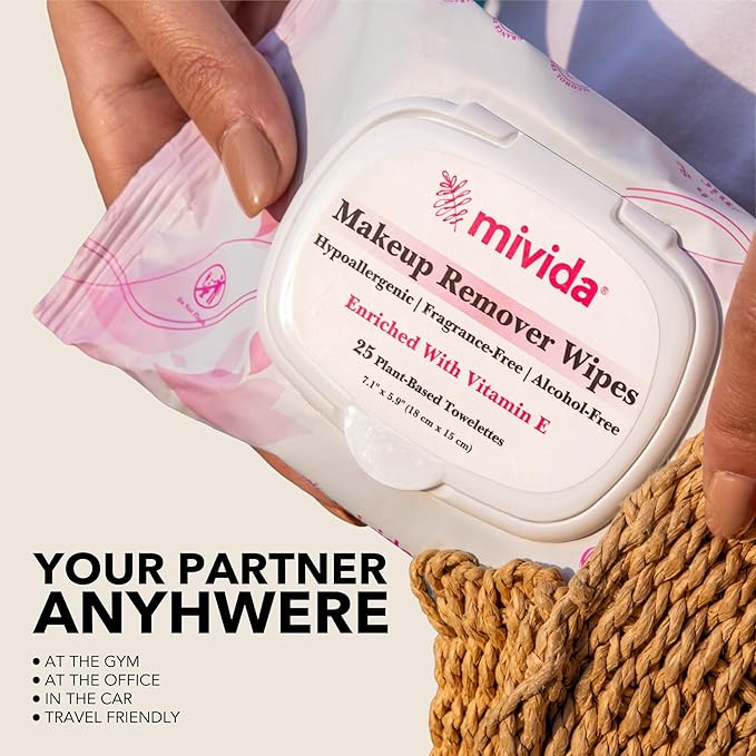 mivida Hypoallergenic Makeup Remover Wipes Bulk with Vitamin E, 250 count (10×25) Value box, Alcohol Free, Fragrance Free Makeup Wipes for Sensitive Skin, Travel Size Plant Based Facial Towelettes