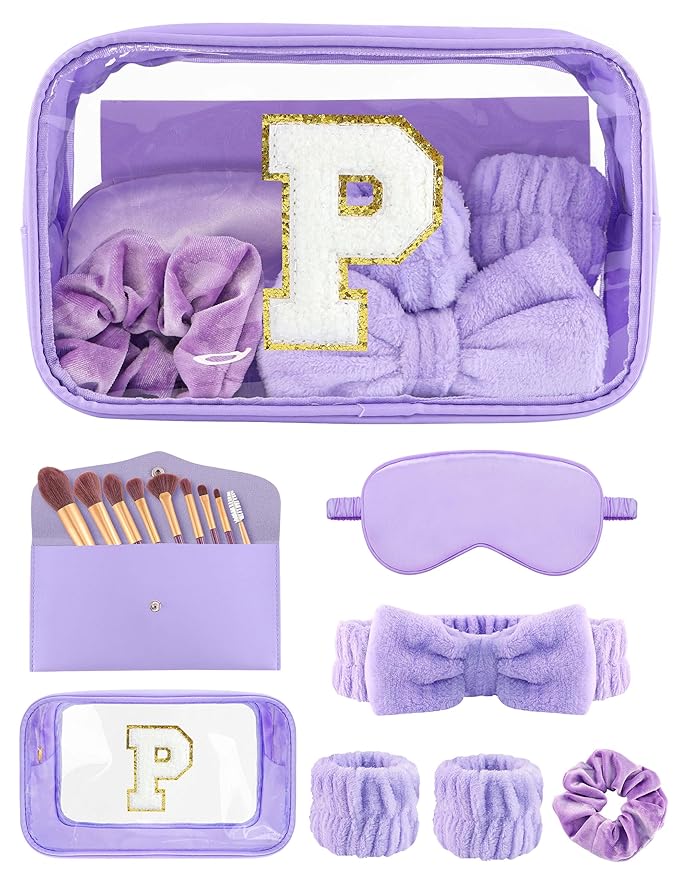Gift Sets for Women, Initial Makeup Bag with Makeup Brush Set Bachelorette Party Favors, Purple Spa Kit with Skincare Headbands Wrist Bands Sleepover Party Supplies Gifts for Teen Girls Bridesmaid P