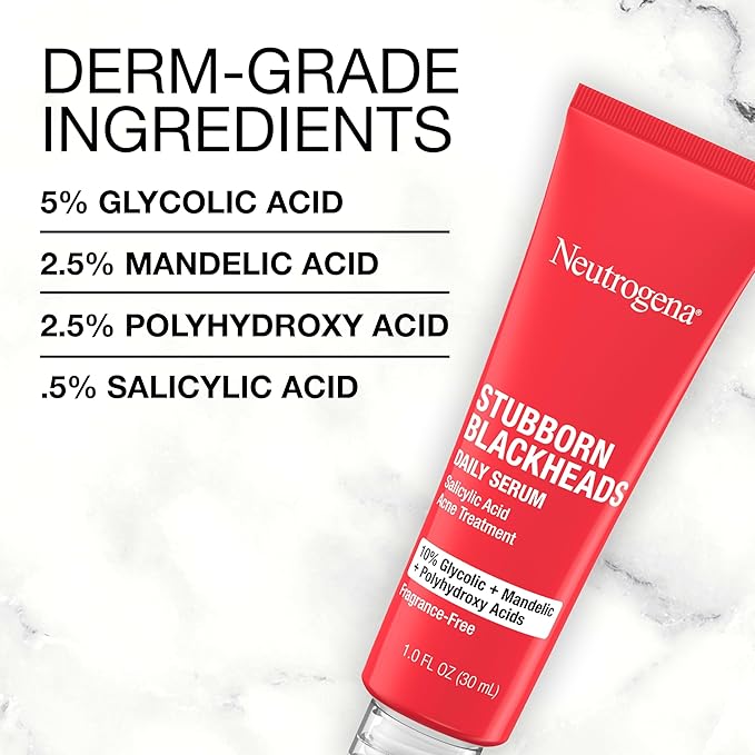 Neutrogena Stubborn Blackheads Daily Acne Facial Serum with Salicylic, Glycolic, Polyhydroxy & Mandelic Acids, Oil-Free Face Serum for Acne-Prone Skin to Help Clear Clogged Pores, 1 fl. oz