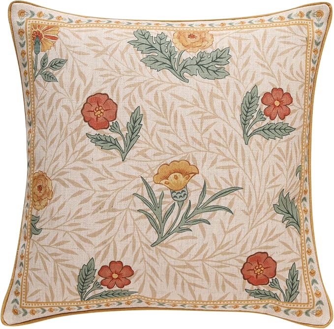 patdrea French Vintage Linen Throw Pillow Cover,18"x18"-RosaSilvestre A | Decorative Pillow Case with Zipper,Yellow Floral Pattern,Cushion Coverfor Couch Living Room Bedroom Sofa