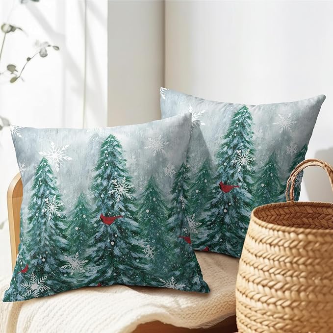 Kawani Winter Snow Forest Pillow Covers Set of 2, Christmas Decor Cotton Linen Pillowcase 16x16 Inch Green Pine Tree Red Bird Throw Pillows Cushion Cover Home Sofa Couch Indoor Decoration