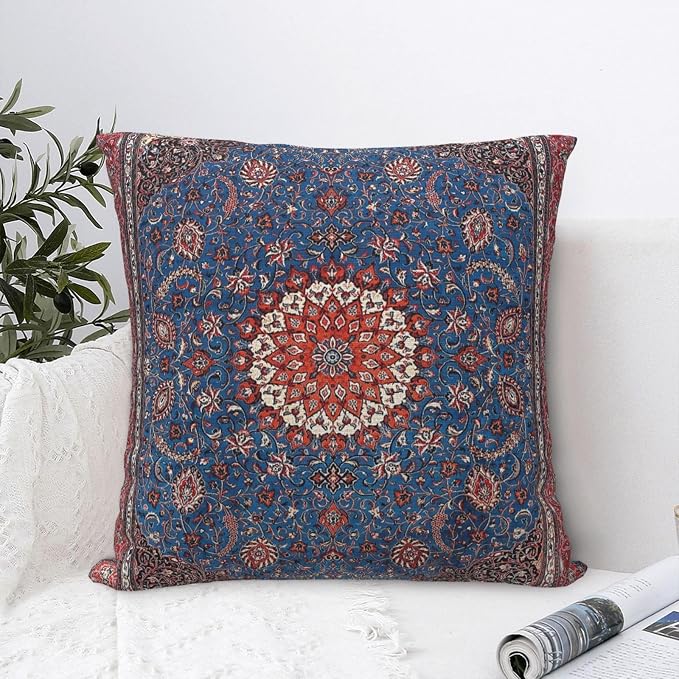 Antique Persian Rug Vintage Blue Print Pillow Covers Decorative Square Throw Pillowcase 18x18 Inch Couch Cushion Cover for Home Decor Living Room Bedroom College Dorm Bed Car Sofa