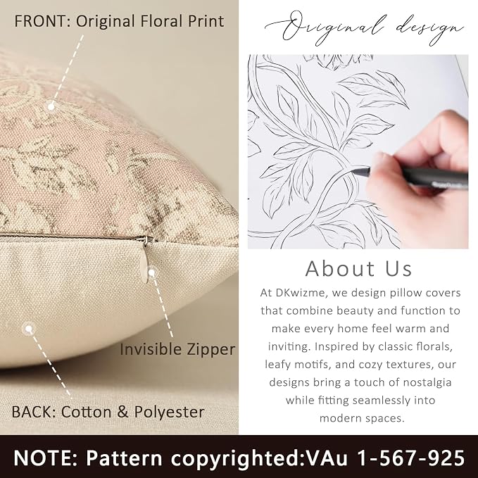 Vintage Floral Print Throw Pillow Covers 12x20 Set of 2 Neutral Modern Farmhouse Pillowcases Accent Decorative Cushion Covers Boho Home Decor for Couch Sofa Chair Bed Living Room, Champagne Pink