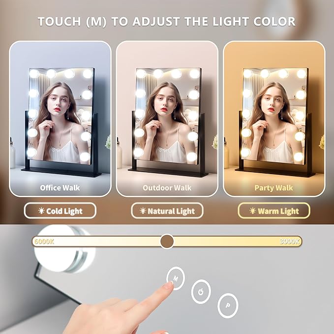 NUSVAN Vanity Mirror with Lights,Makeup Mirror with Lights,3 Color Lighting Modes Detachable 10X Magnification Mirror Touch Control,360°Rotation,White