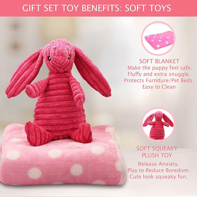 Puppy Starter Kit – 5pc Dog Toy Gift Set for Small Dogs – Blanket, Squeaky Plush, Teething Ring, Treat Ball – New Puppy Essentials Gift Box (Pink)