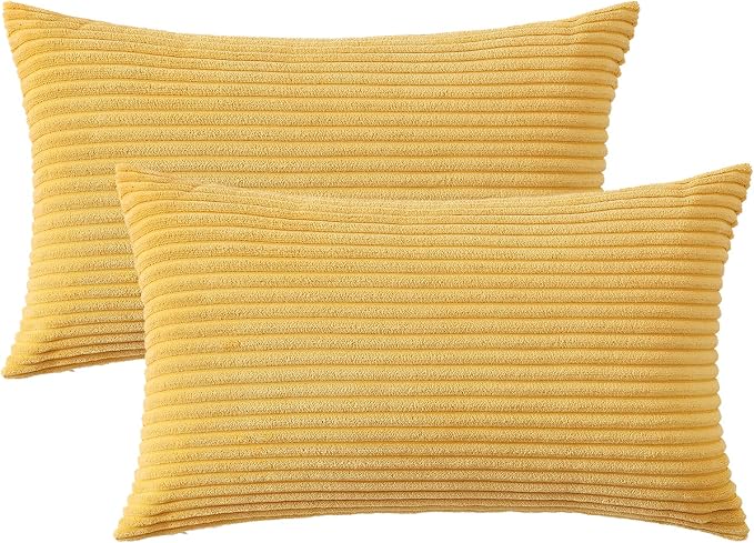 Mecatny Corduroy Fall Throw Pillow Covers 12x20 Set of 2 Mustard Yellow | Soft Striped Texture, Hidden Zipper Design, Neutral Boho Lumbar Pillow Cases for Sofa Couch Living Room Bedroom, Home Décor