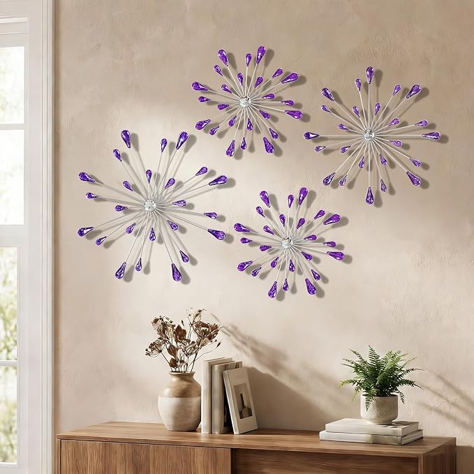 ZEXUIRU 4 Set Silver Starburst Wall Art for Home Decor Metal Bling Crystal Rhinestones Sunburst Wall Decor Sparkling Rhinestone Art Accent -Purple 13in/11.8in/9.8in/9.8in