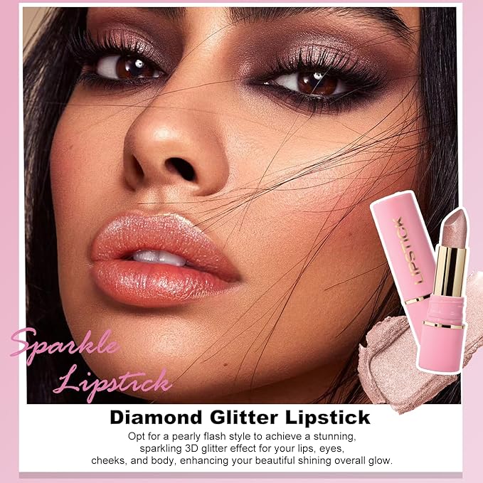 Metallic Lipstick Brown Glitter Lip Stick Long Lasting Waterproof Shine Lip Crayon without Drying or Fading Sparkling High Pigmented Lip Stain Transfer-proof Wear Full Coverage Make up
