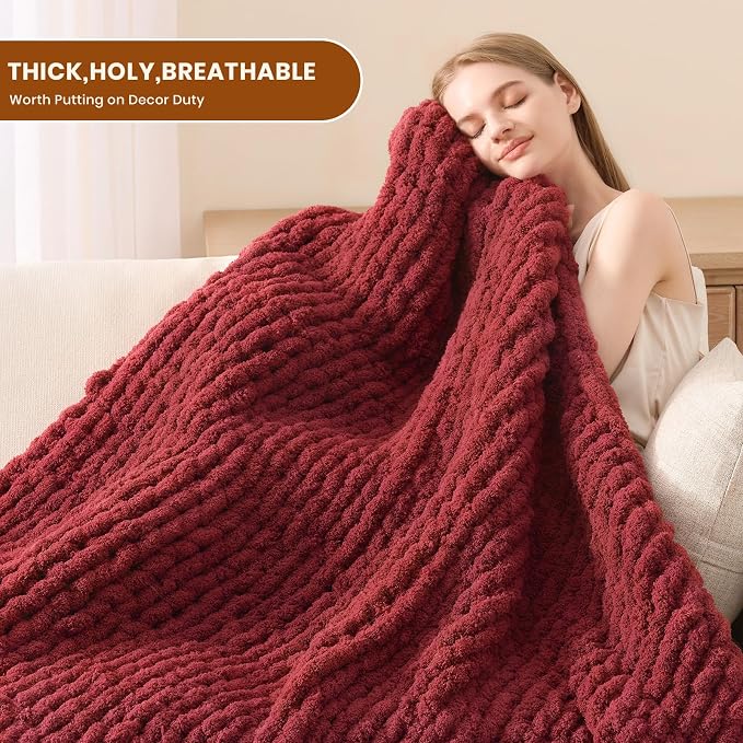 L'AGRATY Chunky Knit Throw Blanket for Couch, 60 x 80 Inches, Maroon Red | Handmade Chenille Crochet Blanket for Sofa Bed, Thick Cable Knitted Blankets for Room Home Decor, Birthday Gift for Women Mom