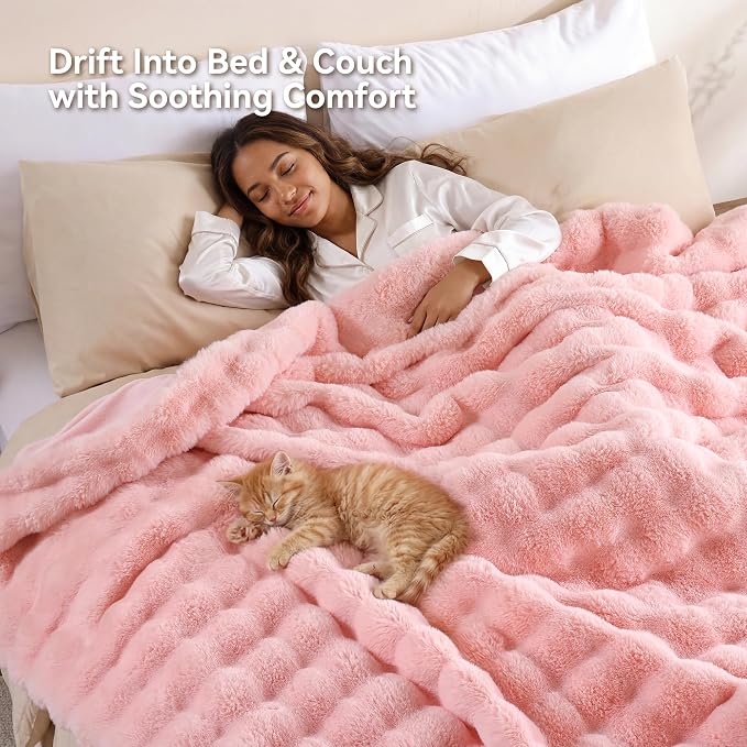 Faux Rabbit Fur Throw for Couch - Blush Pink Bubble Blanket 60"x80" | Fluffy Plush Fuzzy Throw for Sofa & Bed, Super Soft Cozy Comfrt Blanket, Luxury Aesthetic Pink Decor Gift for Women