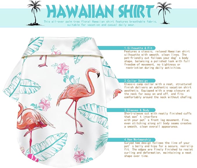 Flamingo Hawaii Style Pet Dog T-Shirt, Four-Way Stretch Breathable Light Cool Summer Shirts, Casual Beach Seaside Daily Clothes for Small Size Puppy.White XS