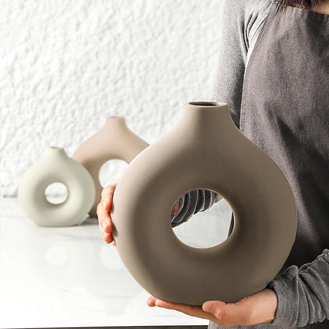 Vanselia Ceramic Vase Home Table Decor - Flower Vases Set of 3 Small Living Room Centerpiece Decorations for Shelf Bedroom Office Kitchen Dining Desk Modern Aesthetic Farmhouse Decorative (Farmhouse)