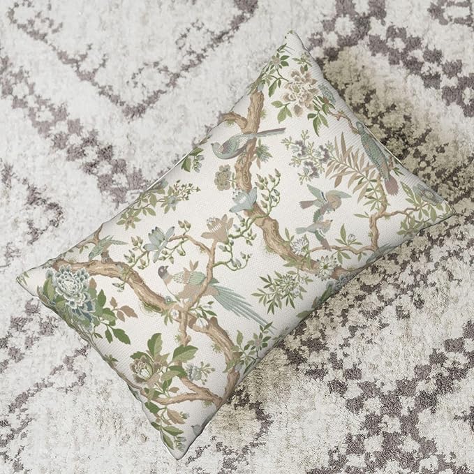 Green Floral Bird Pillow Covers 12x20 Set of 2 Chinoiserie Throw Pillows Green Vintage Flowers Bird Decorative Pillow Cases Outdoor Chinoiserie Decor Farmhouse Cushion Case for Couch Sofa