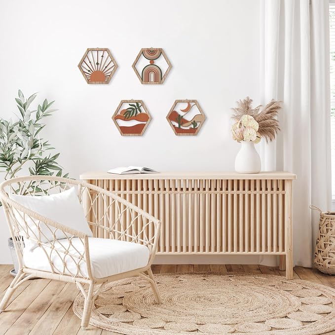 4 Pcs Boho Wall Art Decor, Bohemian Geometric Hanging Wood Sign for Living Room, Aesthetic Abstract Desert Cactus, Minimalist Farmhouse Botanical Wooden Plaque for Apartment Bedroom(11''x9.8'')