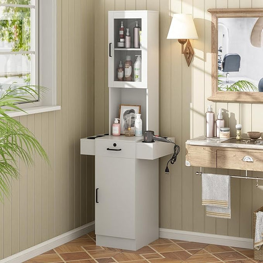Salon Station for Hair Stylist,Hair Styling Storage Cabinet with Glass Door,Tool Dryer Holders, Salon Beauty Spa Barber Hair Staion, White