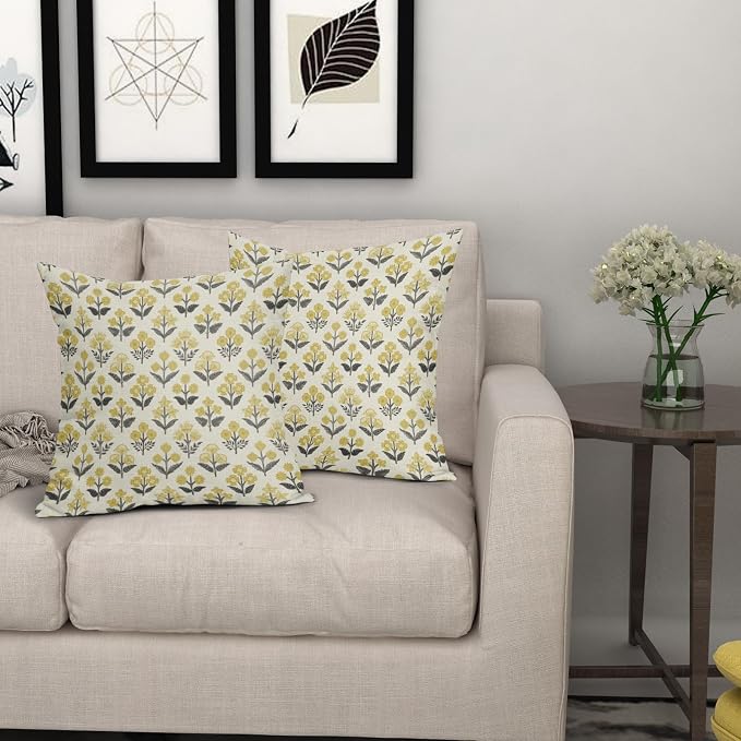 Black Yellow Floral Pillow Covers 18x18 Inch Set of 2, Vintage Flower Block Print Spring Summer Decorative Throw Pillowcases Outdoor Rustic Farmhouse Cushion Covers Seasonal Sofa Couch Bed Decor