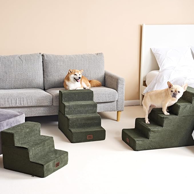 EHEYCIGA Dog Stairs for High Bed 22.5" H, 5-Step Extra Wide Dog Steps for Bed, Pet Steps for Small Dogs and Cats, Non-Slip Balanced Pet Ramp Indoor, Military Green