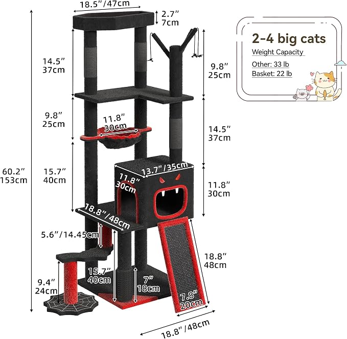 YITAHOME Gothic Cat Tree with Coffin Bed, 60" Tall Cat Tower for Indoor Cats with Top Perch, Spacious Cat Condos, Spider Hanging Balls,Comfy Basket, Scratching Post and Ladder, Black Halloween