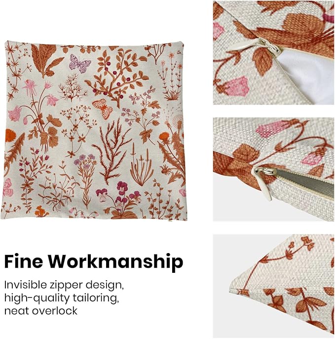 AEIOAE Fall Pillow Covers 18x18 Inch Set of 2,Burnt Orange Wild Flower Plant Throw Pillows Case,Autumn Colored Floral Outdoor Decorative Linen Farmhouse Decor Cushion Covers for Home Sofa Bed Couch