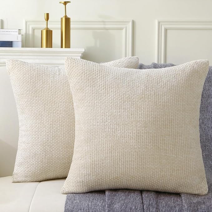 18" x 18" Decorative Throw Pillow with Inserts, Set of 2 Soft Modern Farmhouse Weave Pattern Throw Pillows, Square Boho Pillow for Couch, Bed, Sofa Decor (Beige, 18" x 18"(Pack of 2))