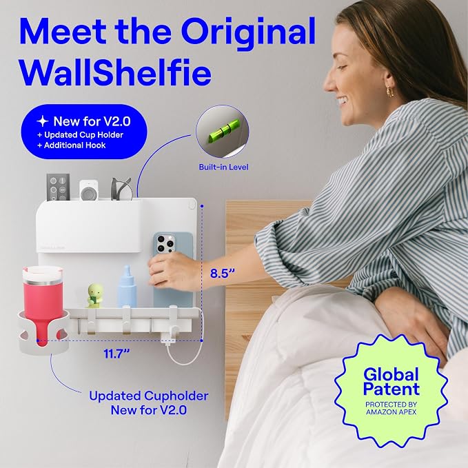 WallShelfie Bedside Wall Organizer & Dorm Decor for Dorm Room - 2.0, White | Dorm Room Essential, Floating Bedside Shelf Wall Mount Organizer, Remote Control Holder, Cool Teen Girls Trendy Stuff