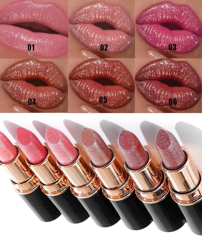 Brown Red Metallic Glitter Lipstick Long Lasting, Diamond Nude Shimmer Lip Gloss High Pigmented Matte Lip Stick for Women, Sparkling Shiny Transfer Proof Non Stick Tinted Lip Color Balm Makeup-04