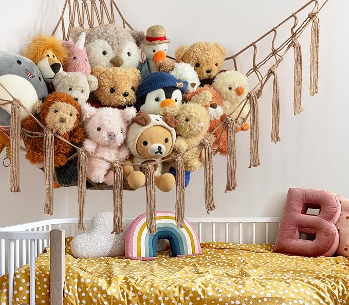 Stuffed Animal Storage Hammock or Net Corner - Large Toy Hammock Net for Stuffed Animals Room Decor - Cute Stuff Animal Organizer Plush Holder - Kids Baby Nursery Essentials Wall Bedroom Home Decor