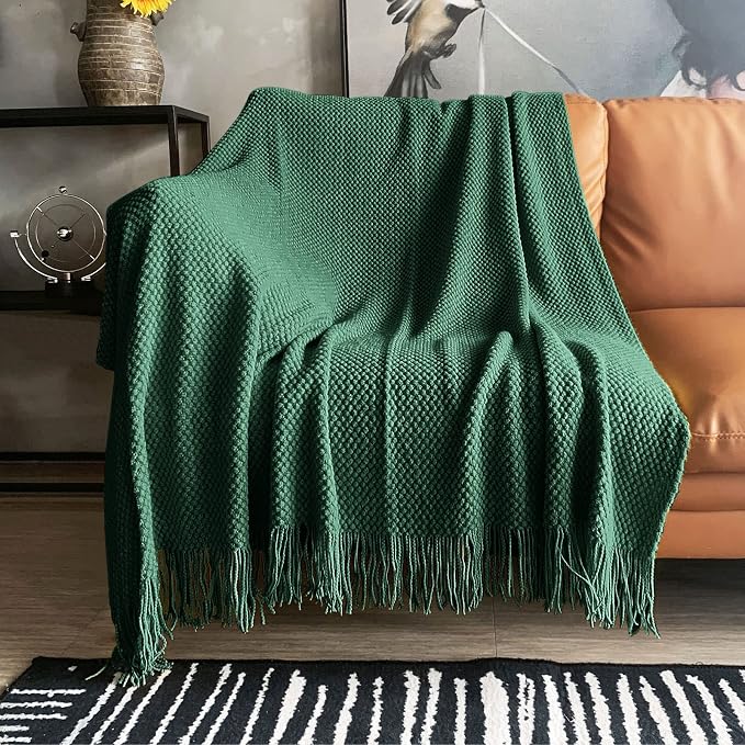 LOMAO Knitted Throw Blanket with Tassels Bubble Textured Lightweight Throws for Couch Cover Home Decor (Green, 50x60)