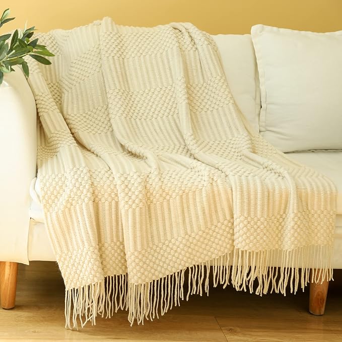 Blagic Soft Knitted Throw Blanket for Couch and Bed,Off White,50"x60" | Lightweight and Cozy,Farmhouse Boho Blanket with Tassel,Decorative for Living Room,Gifts for Adults,All Season Use