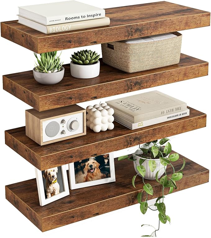 Fixwal Floating Shelves for Wall Decor (Rustic Brown, Set of 4, 15.7 Inch) | MDF Shelves with Metal Brackets, Space Saving for Books, Decor, Works in Bathroom, Kitchen, Living Room, Bedroom