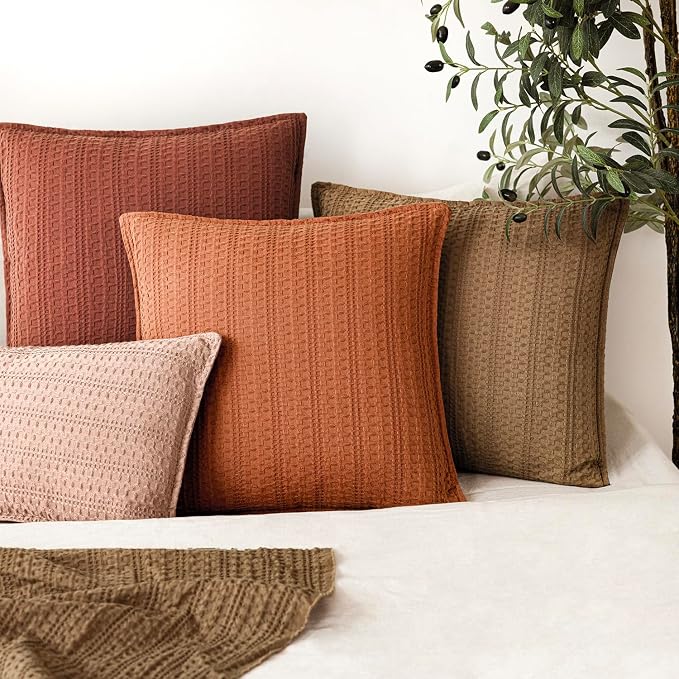 Foindtower Set of 2 Decorative Cotton Waffle Weave Throw Pillow Covers Euro Shams Cushion Covers Accent European Pillowcase for Bed Couch Sofa Bedroom Living Room Home Decor 24×24 Inch Burnt Orange