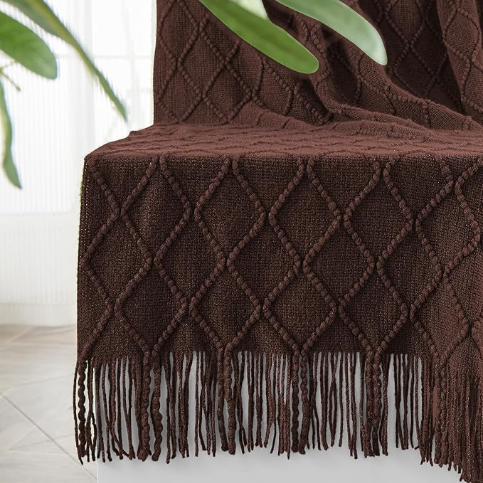 inhand Diamond Brown Knitted Throw Blanket for Couch and Bed, 50"x60" | Soft Cozy Knit Blanket with Tassel, Lightweight Decorative Blankets and Throws, Farmhouse Warm Woven for Men and Women