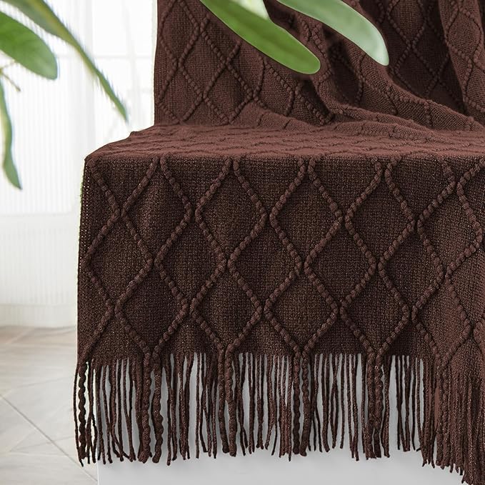 inhand Diamond Brown Knitted Throw Blanket for Couch and Bed, 60"x80" | Soft Cozy Knit Blanket with Tassel, Lightweight Decorative Blankets and Throws, Farmhouse Warm Woven for Men and Women